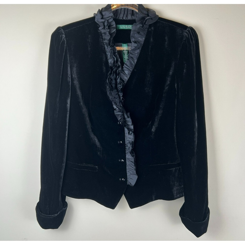 Lauren Ralph Lauren Black Velvet Blazer Jacket Silk Ruffle Trim Size 12 Classic